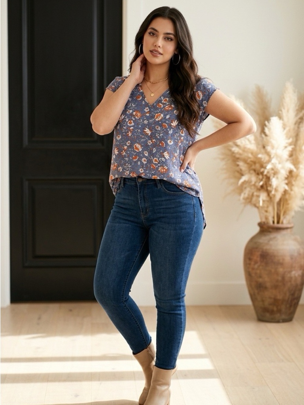 Old Navy Blue Floral V-Neck Top with Orange Accents